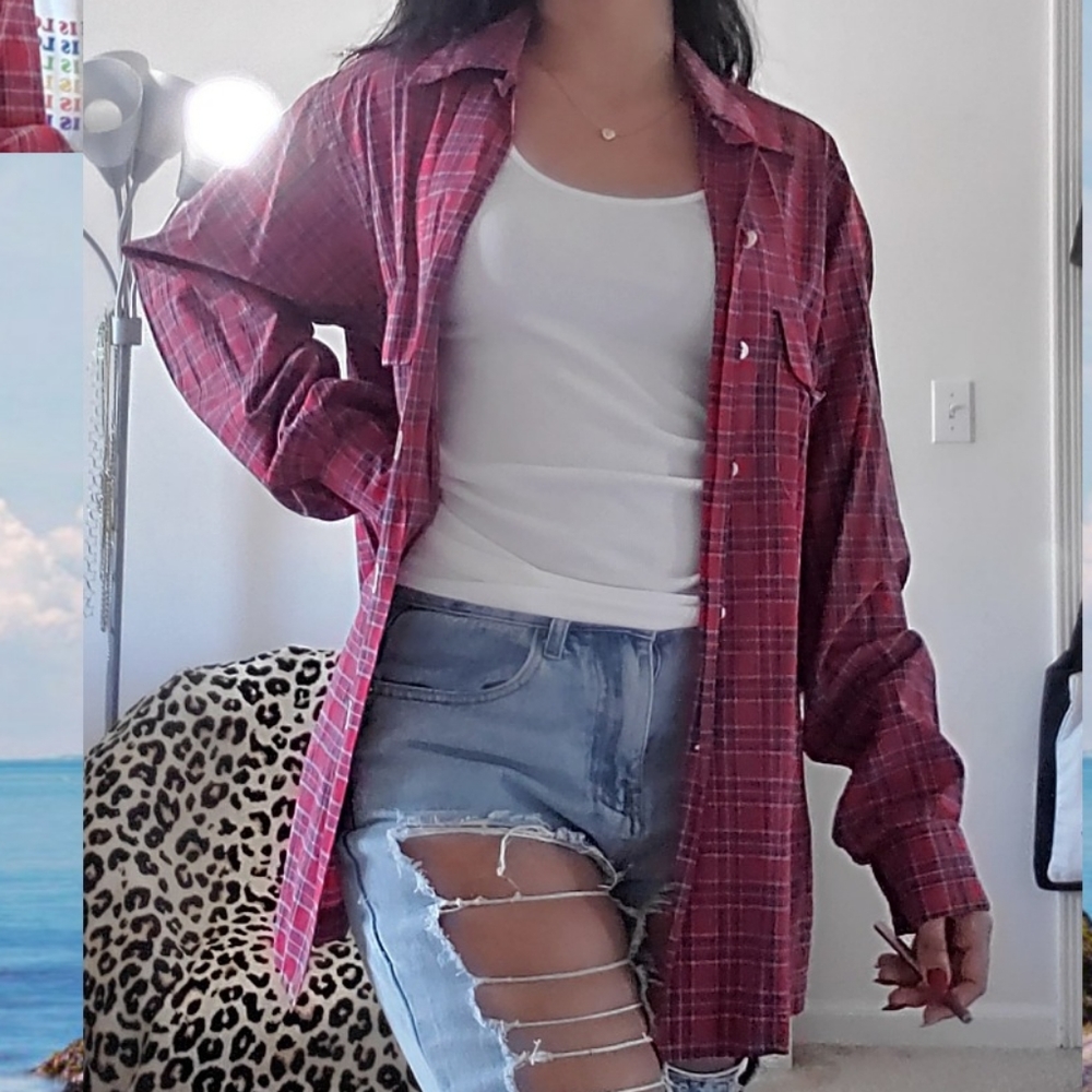 Red plaid button up shirt